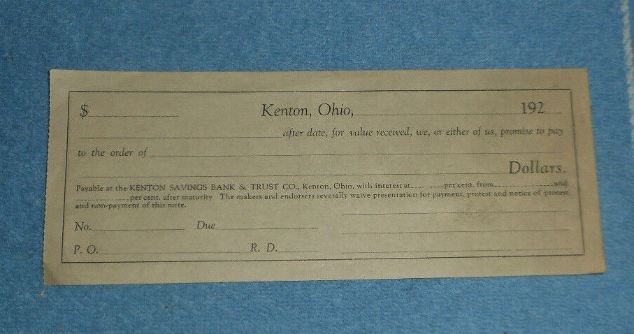 1920s Kenton Savings Bank & Trust Co Unused Blank Promissory Note Ohio