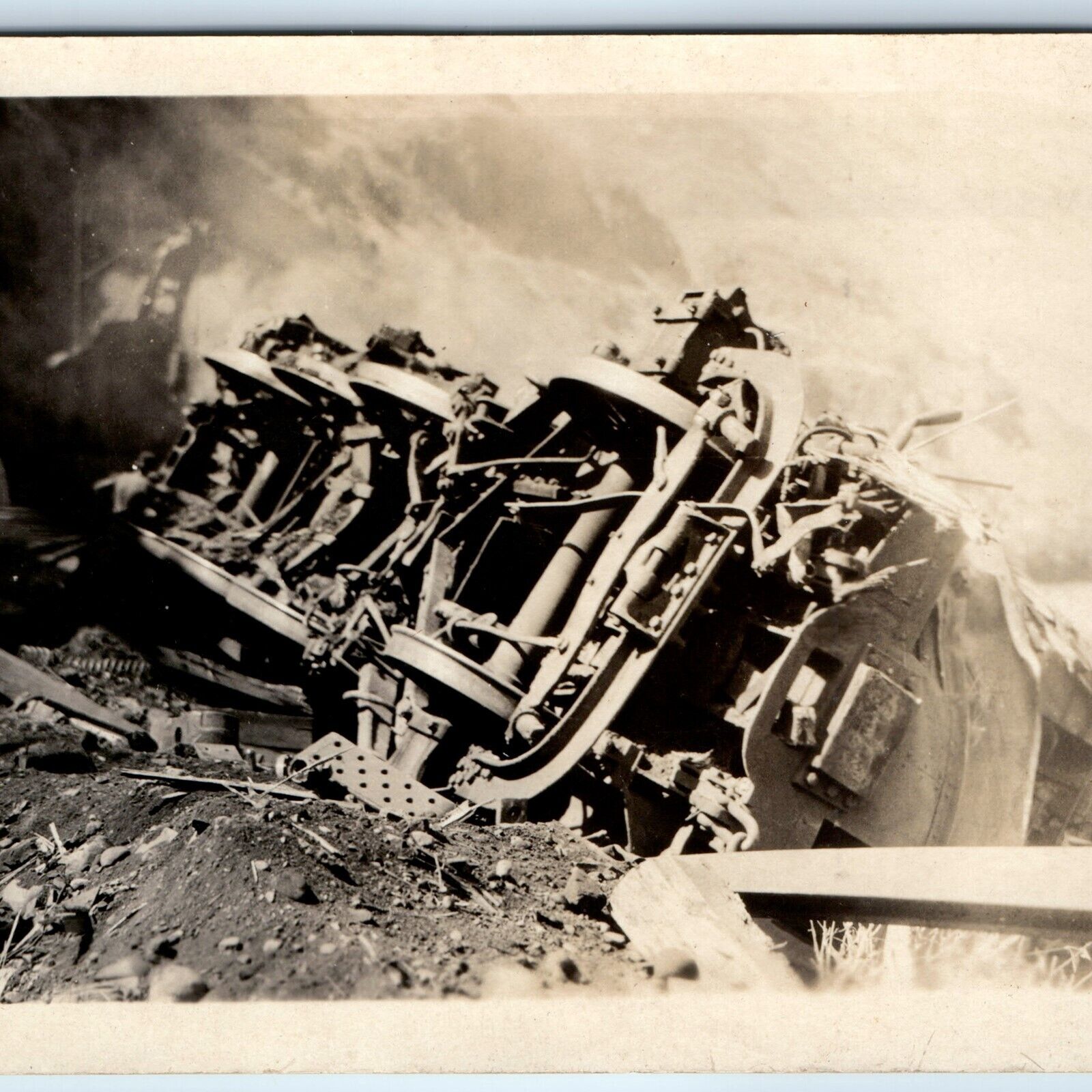 c1920s Locomotive Derailed RPPC Train Railway Crash Real Photo Postcard A123