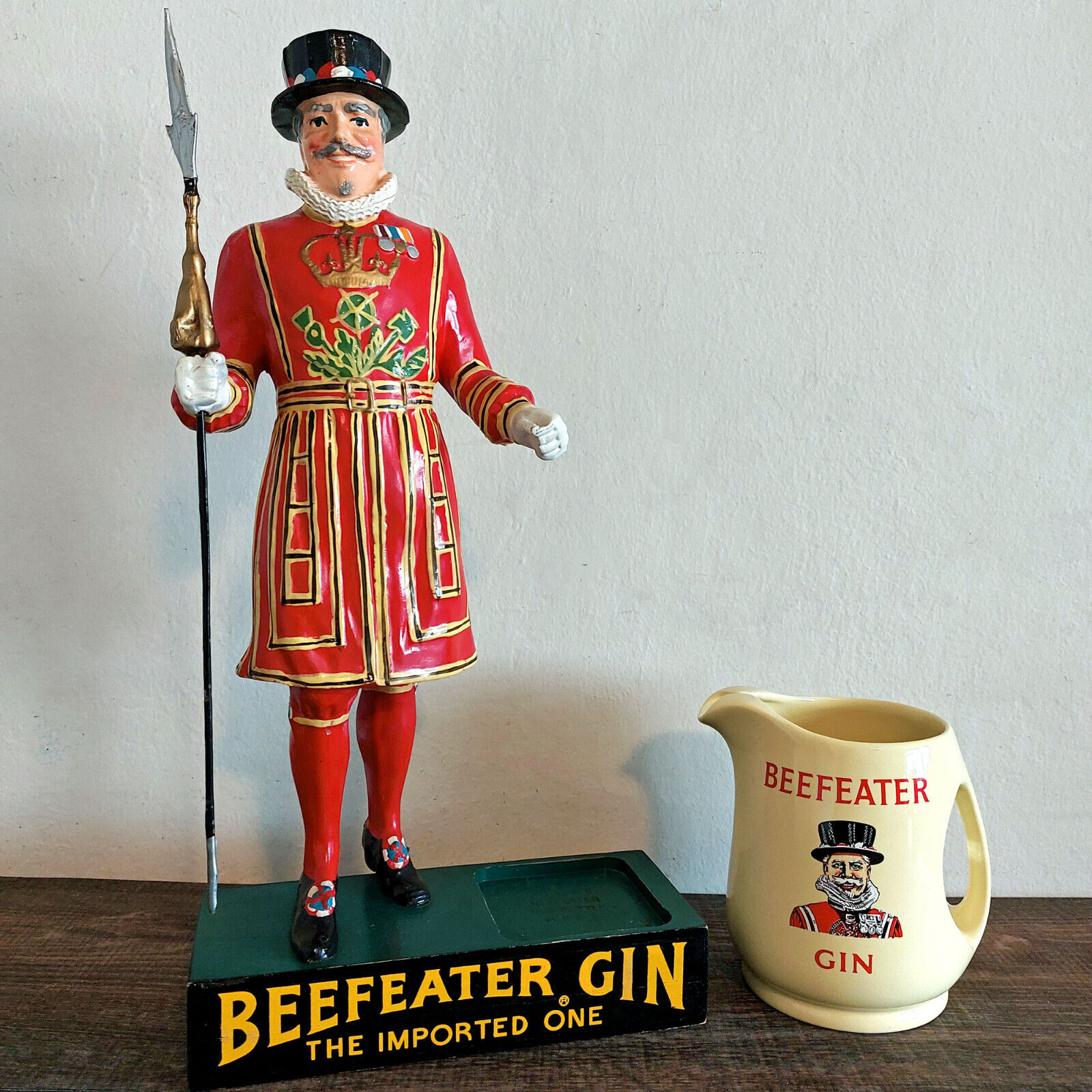 Vintage Beefeater Gin Bottle Display & Ceramic Pitcher- yeoman warder London UK