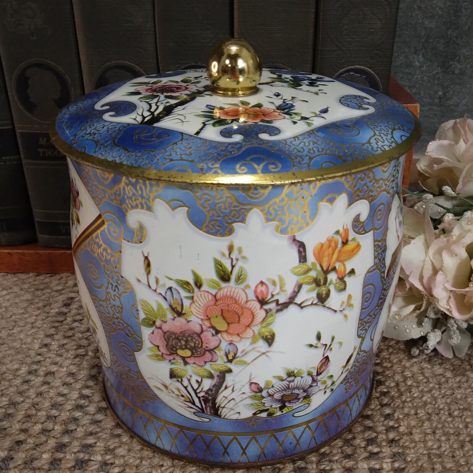 Vintage Round Metal Canister Collectible Tin w/Lid Floral Design Made in England