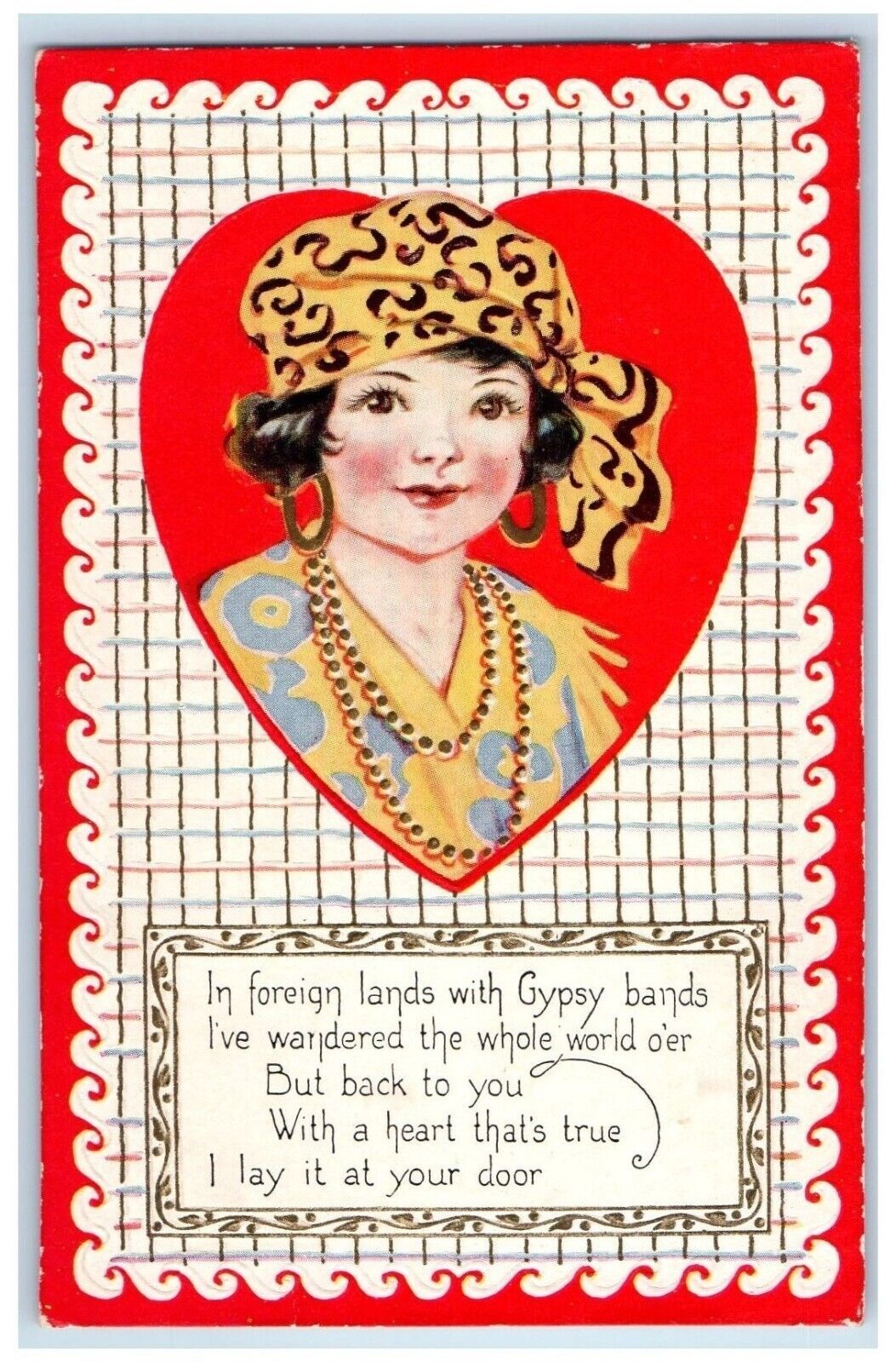 c1910\'s Valentine Pretty Woman Gypsy Bands Heart Embossed Shirley IN Postcard