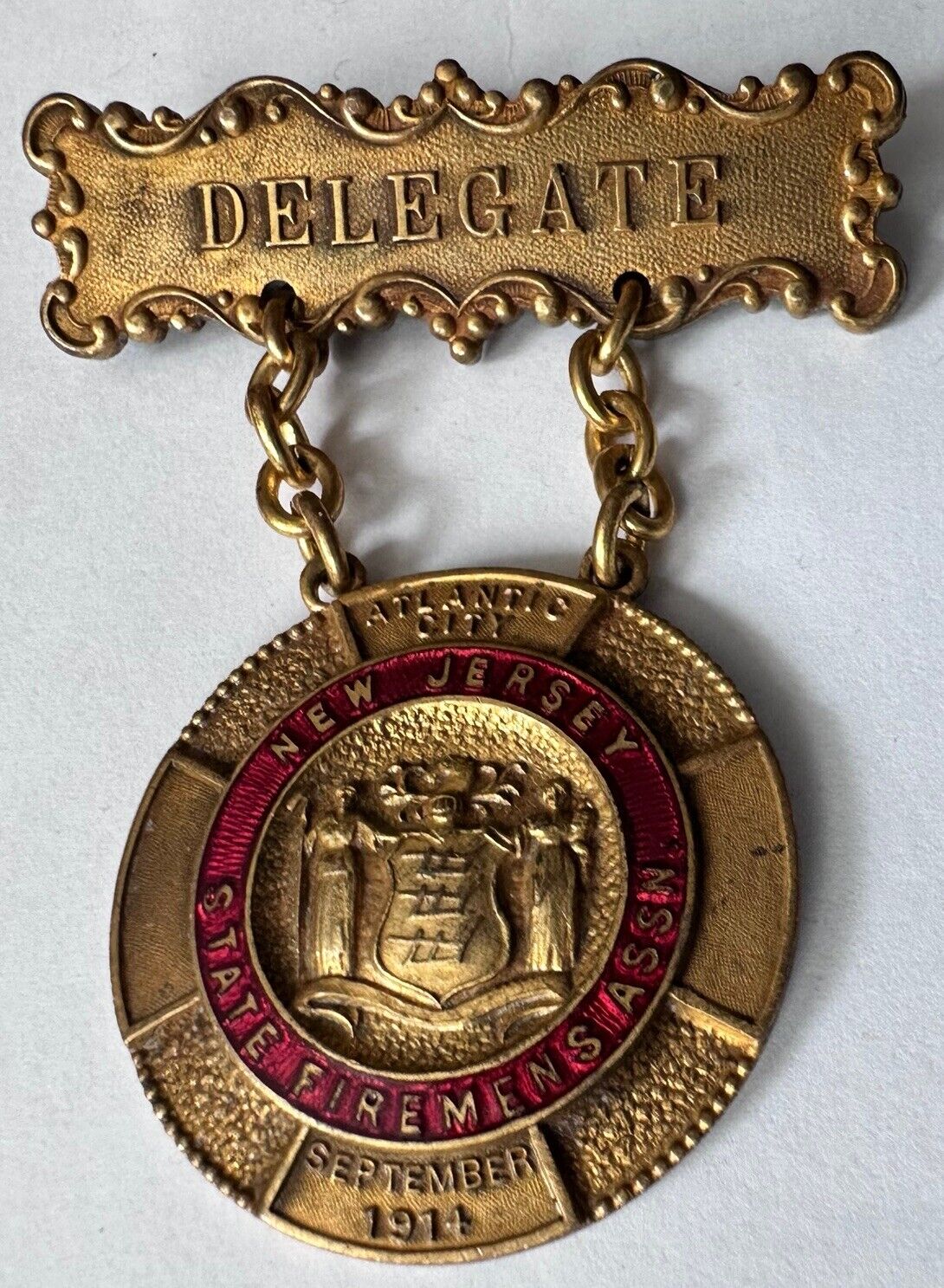 1914 New Jersey State Fireman Association Atlantic City Delegate Pinback Medal