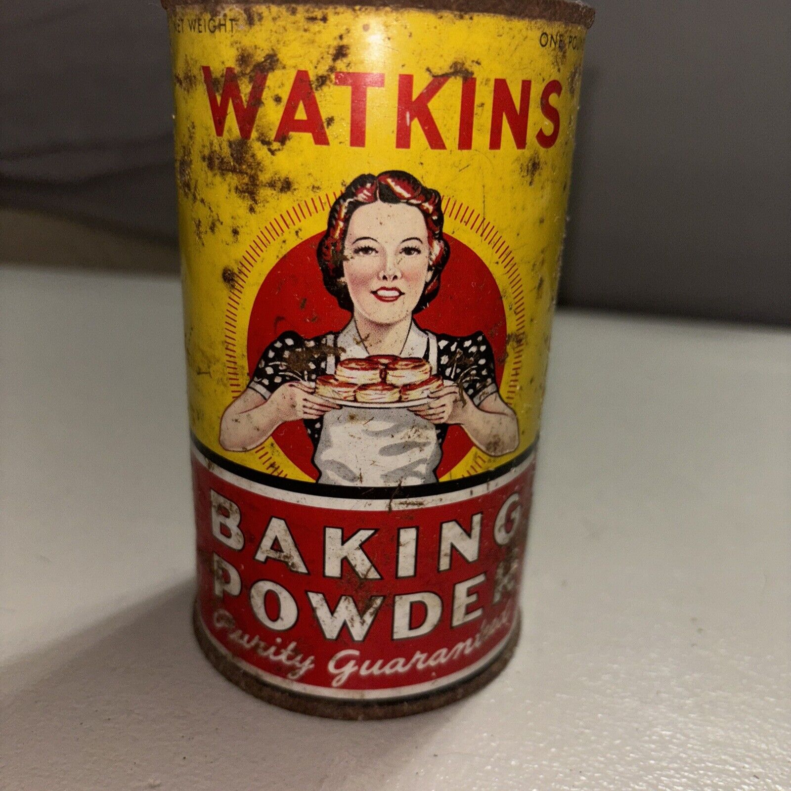 Vintage 1940\'s Tin Watkins 1 lb. Baking Powder Tin Can Empty. Holes In Bottom