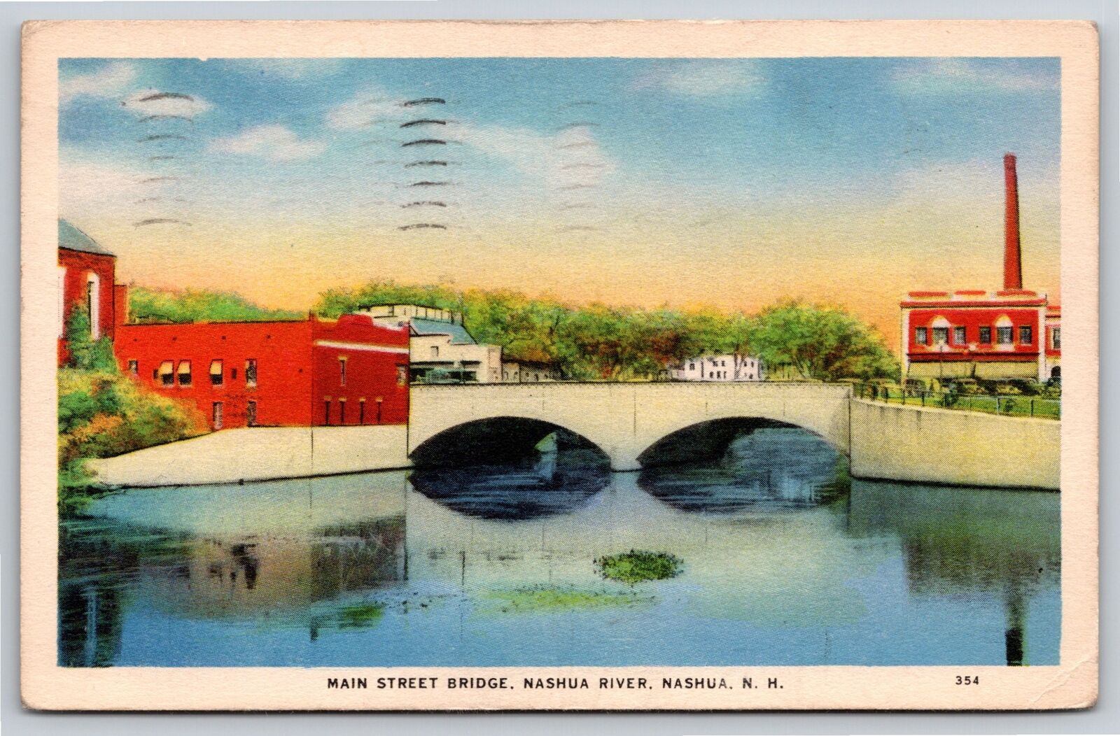 Nashua New Hampshire~Main Street Bridge Over The River~PM 1937~Linen Postcard
