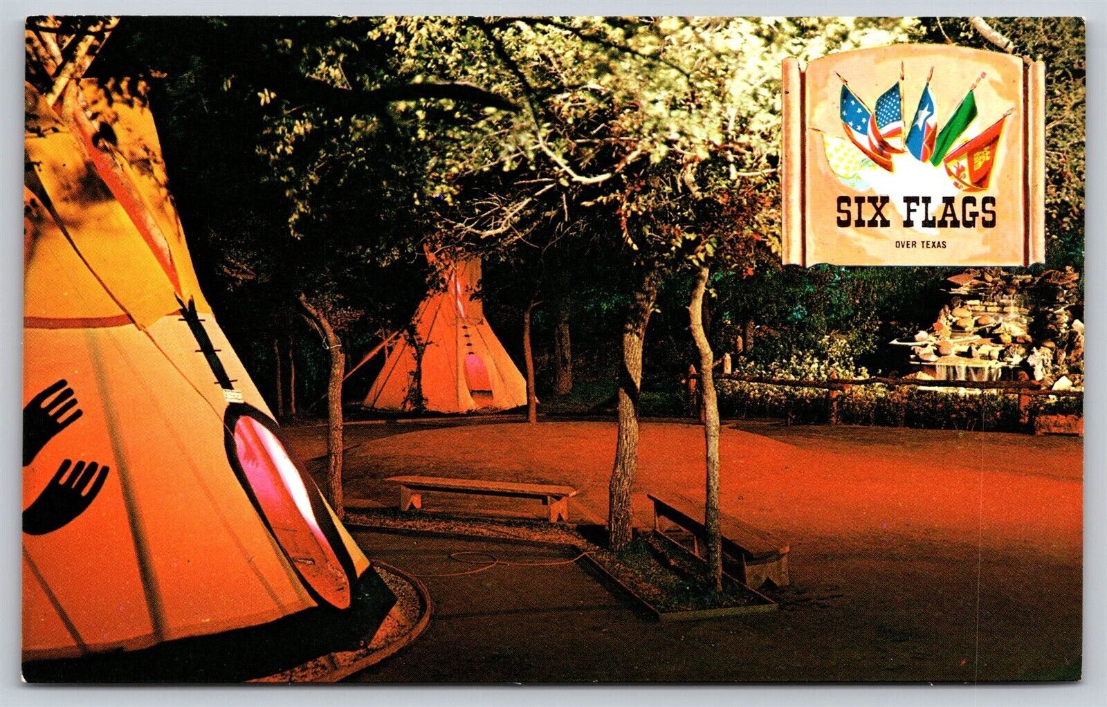 Postcard Indian Village at Six Flags, Night Scene of Teepees Texas D46
