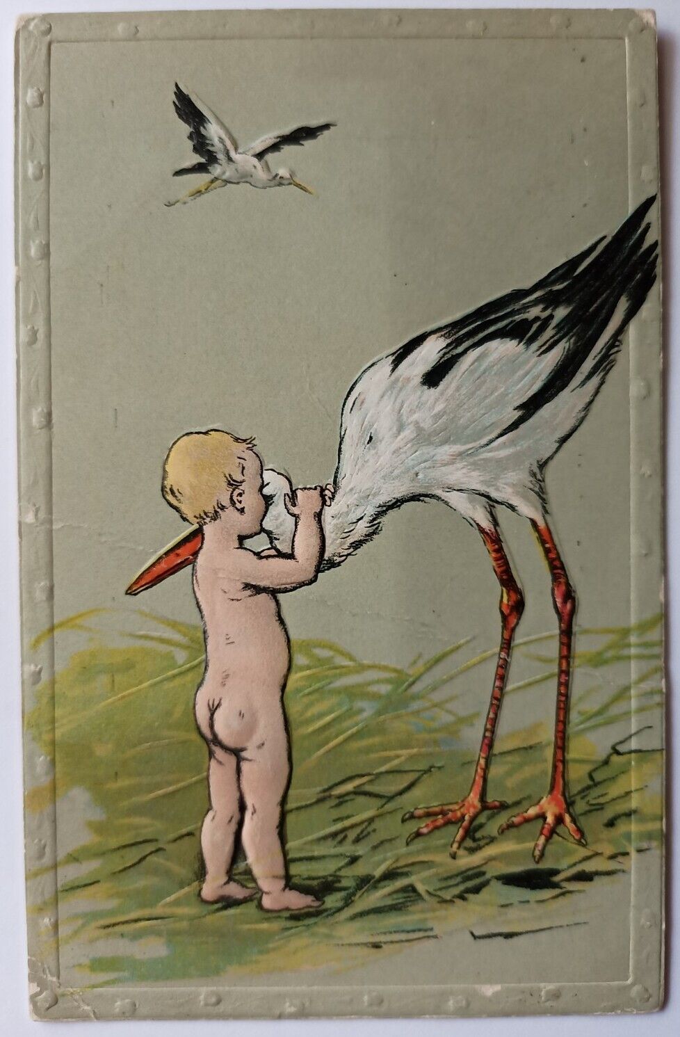 Stork Birth Announcement Stork with a Baby Antique Postcard