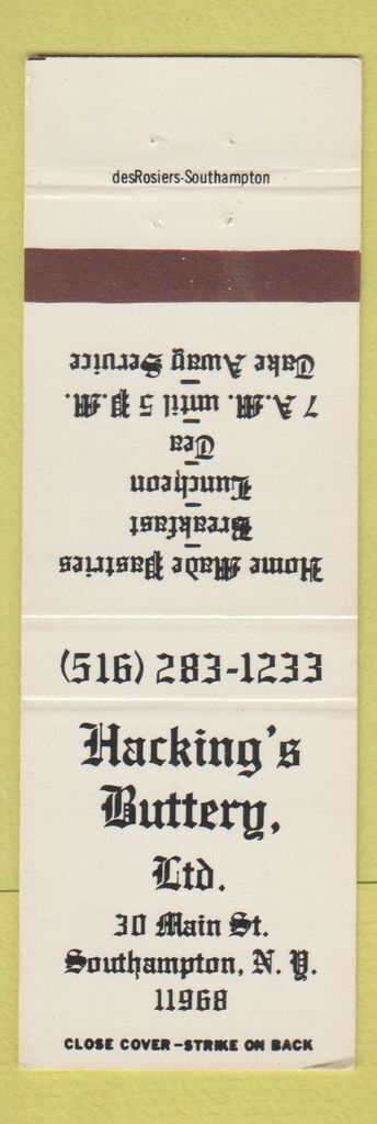 Matchbook Cover - Hacking\'s Buttery Southampton NY