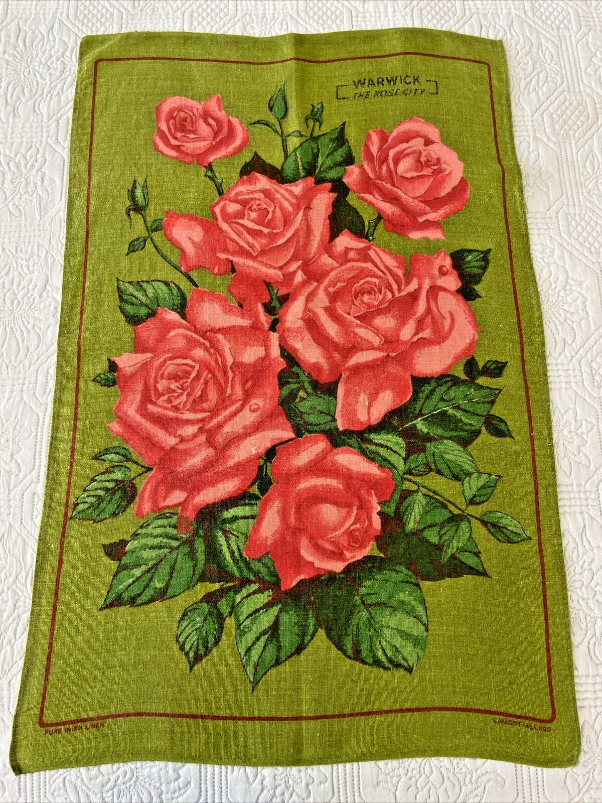 Vintage Lamont Irish Linen Tea Towel w Red Rose Warwick City Pattern Kitchen Art