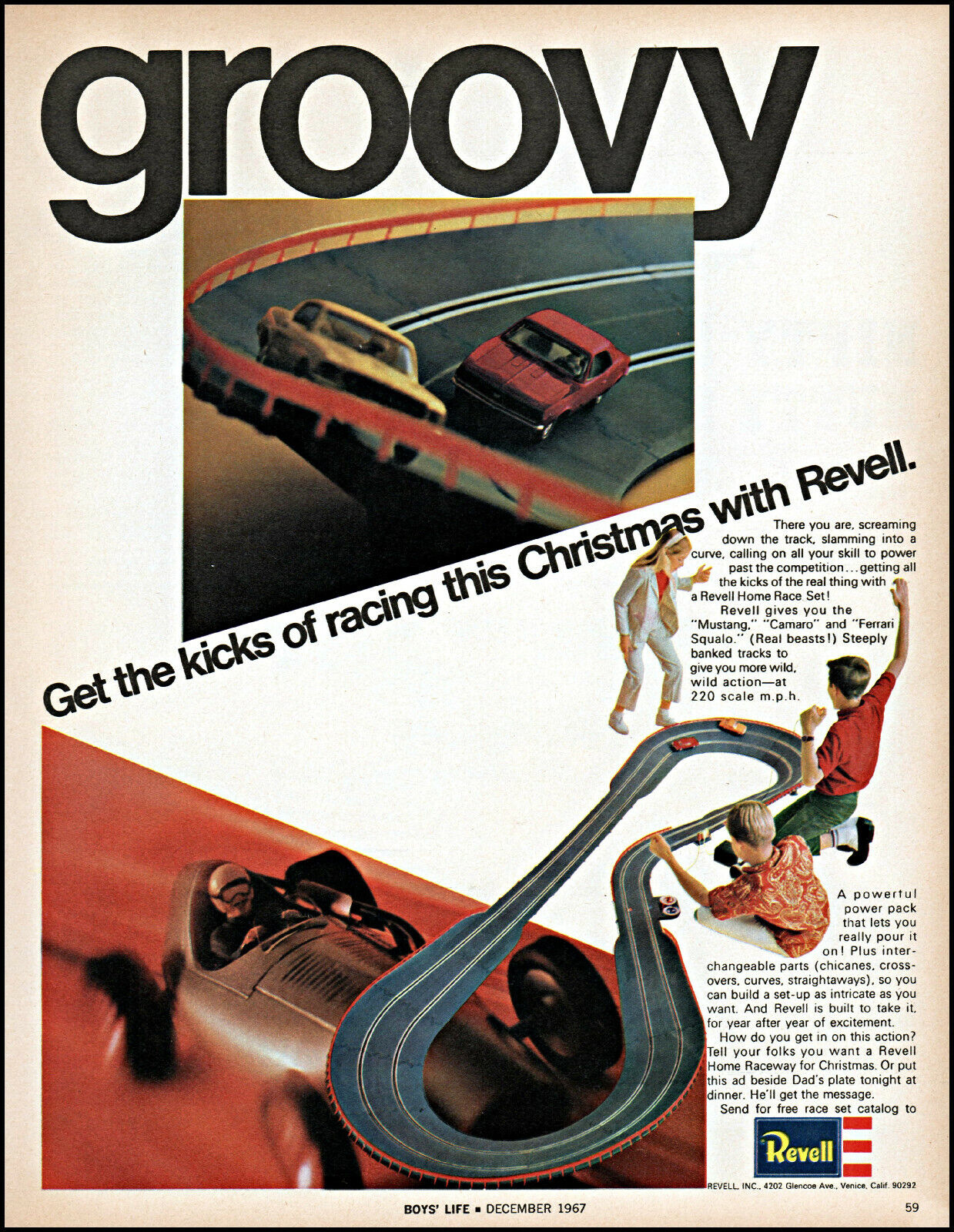 1967 Revell model road racing car track Christmas vintage photo print ad adL93