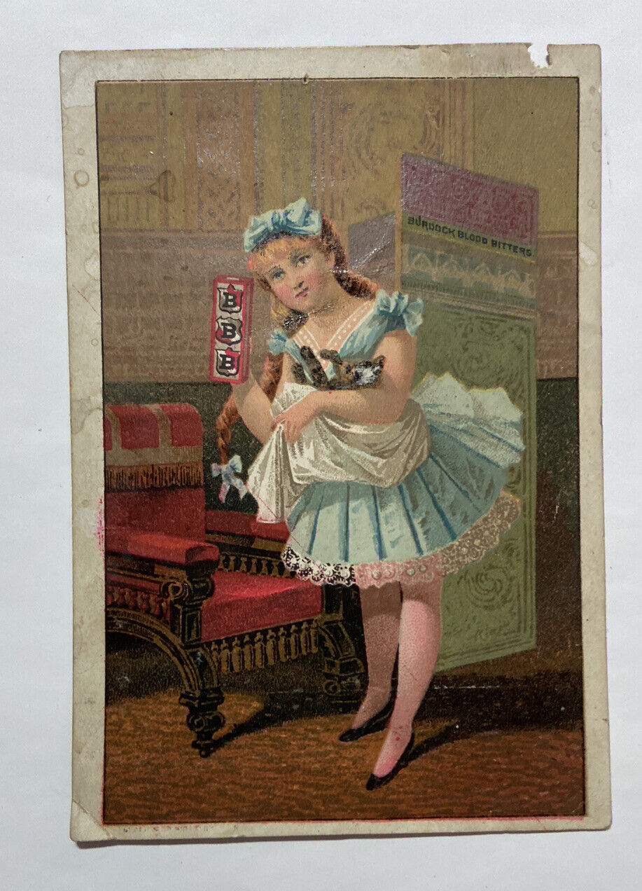 Victorian Trade Card Girl Kitten Burdock Blood Bitters “Call Her May” A84