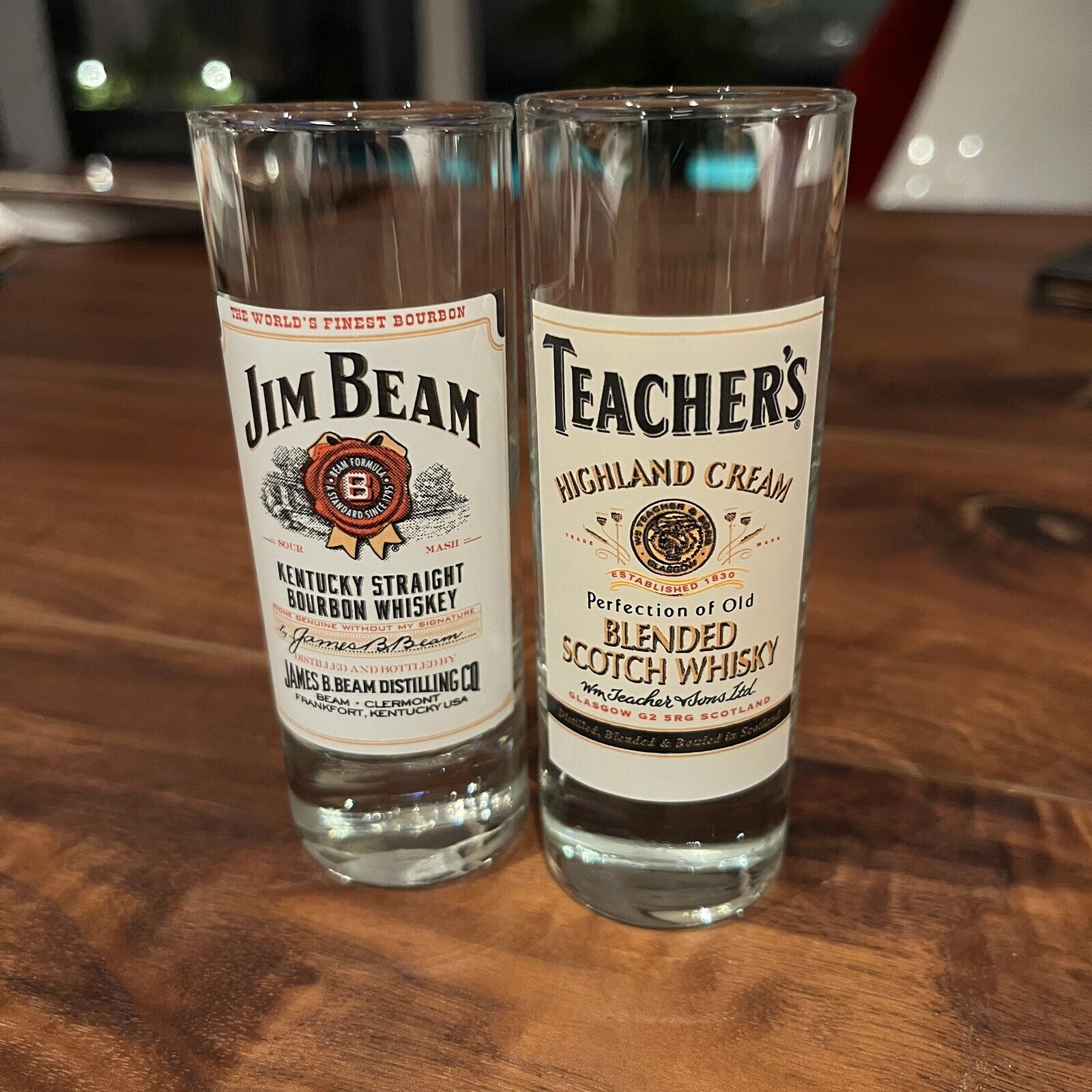 Teacher\'s Highland Cream / Jim Beam Bourbon Alcohol Tall Shot Glasses