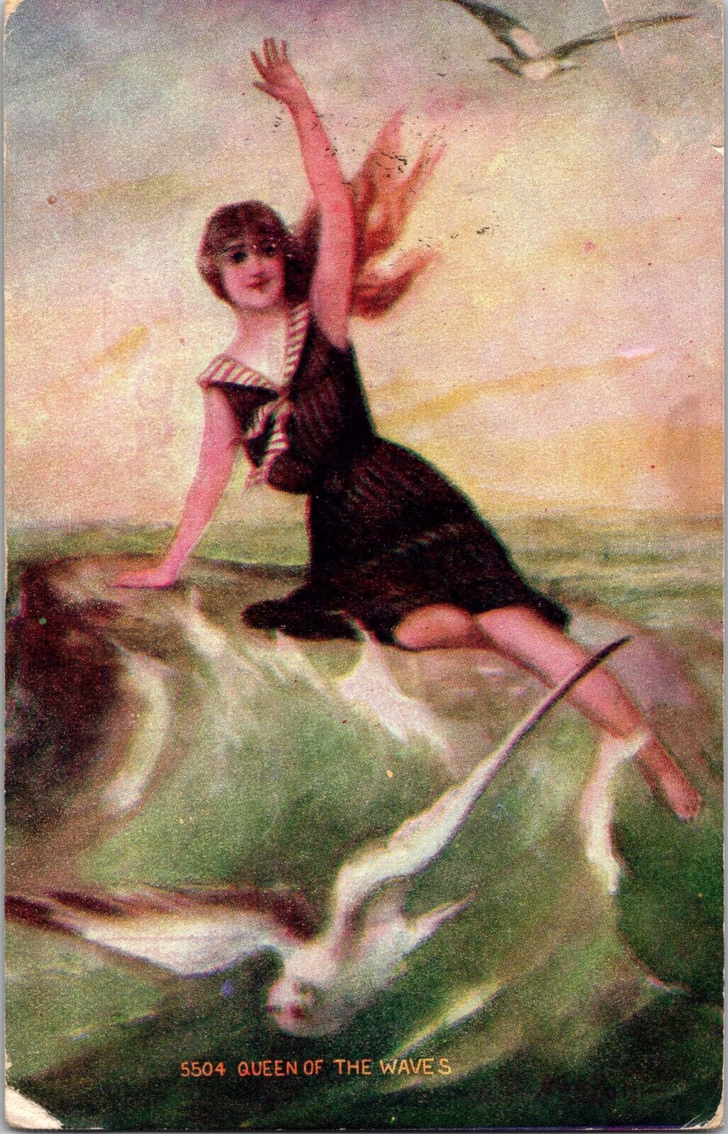 Postcard Queen of the Waves Fantasy Sea Nymph Rides the Waves c.1907-1915 a4