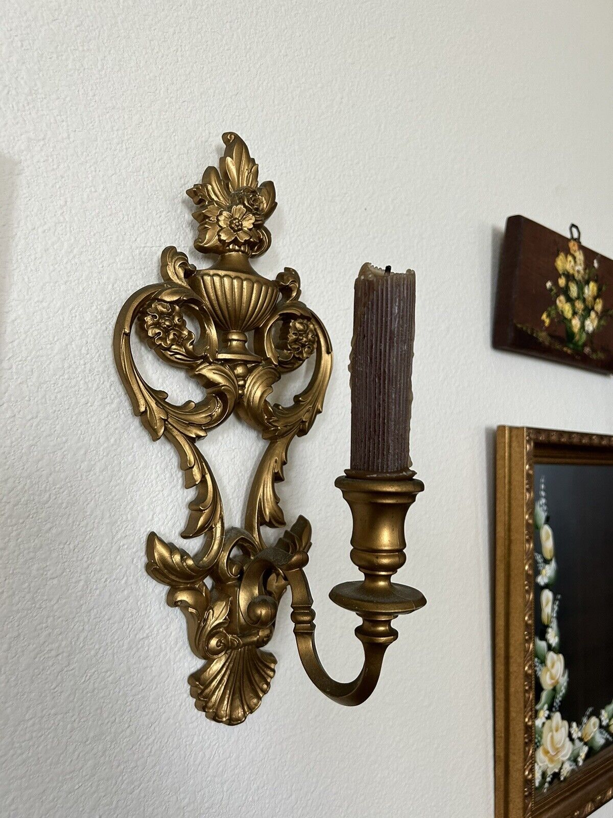 Vintage 1969 Syroco Wall Sconces Gold Flowers Hollywood Regency Decor Set Of 2