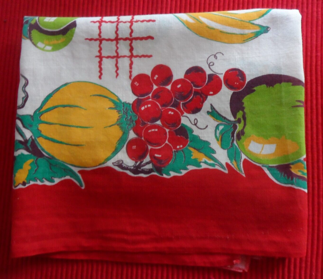 Vintage Feed Sacks Fabric Red Greens Yellow Fruits w/ Red Boards 37\