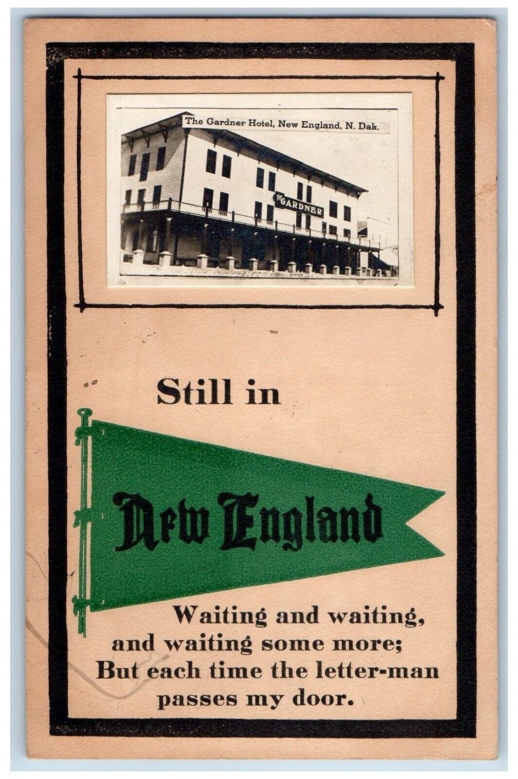 New England North Dakota ND Postcard RPPC Photo The Gardner Hotel Pennant c1910s
