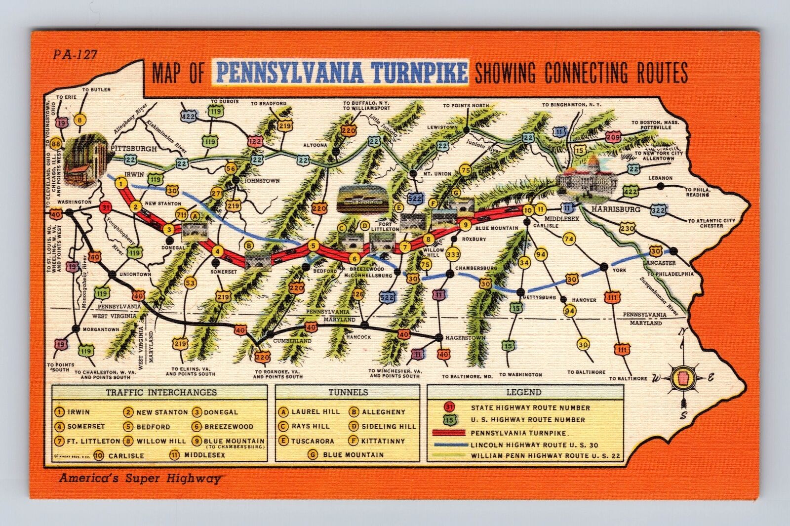 PA- Pennsylvania, Map Of Landmarks And Turnpike, Antique, Vintage Postcard