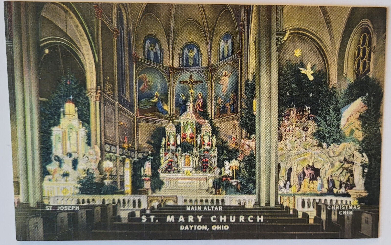 VTG 1949 PC ST MARY CHURCH DAYTON OH MAIN ALTAR CHRISTMAS NATIVITY TEICH NOS NM*