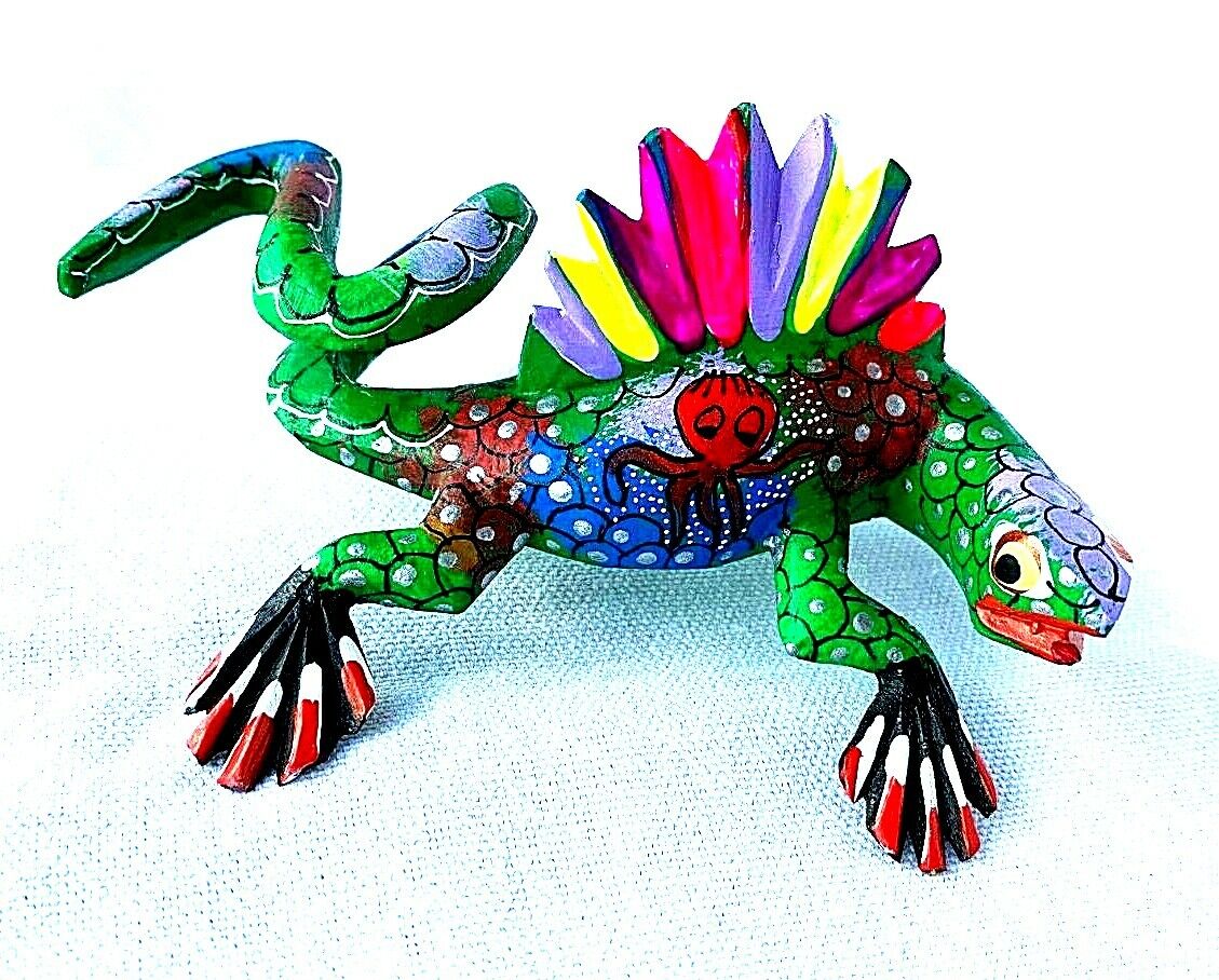CHAMELEON LIZARD Alebrije With Octopus Hand Crafted Wood Carving Oaxaca
