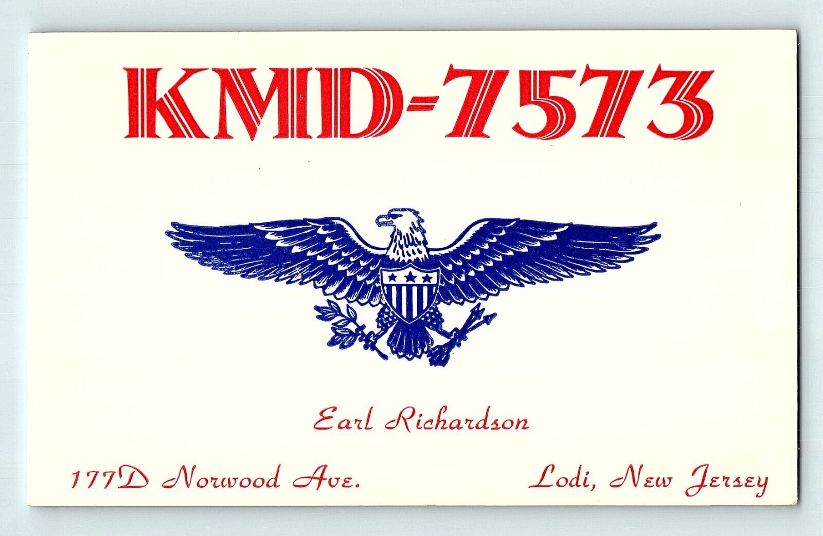 CB Radio QSL Card KMD-7573 Earl Richardson Lodi New Jersey Postcard F1