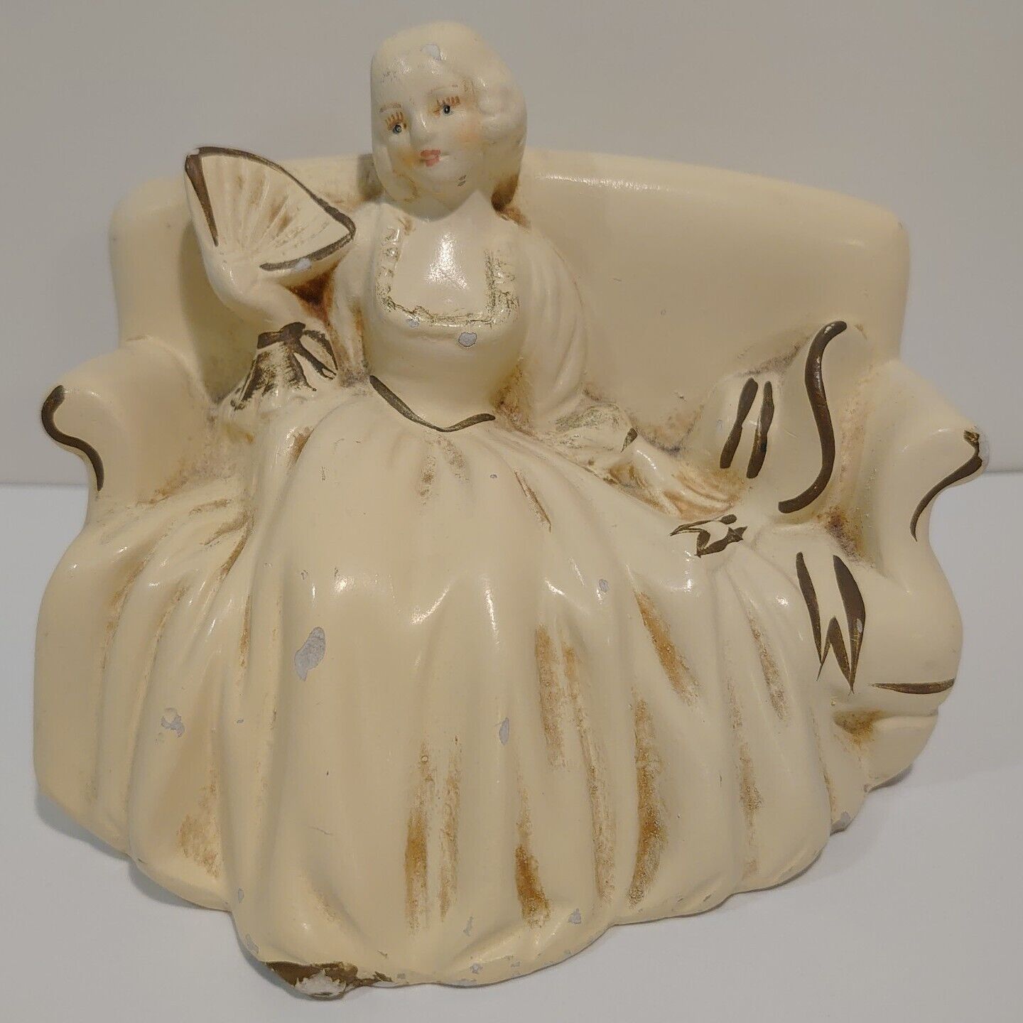 Vintage Chalkware Figurine French Mademoiselle with Fan Seated on Couch