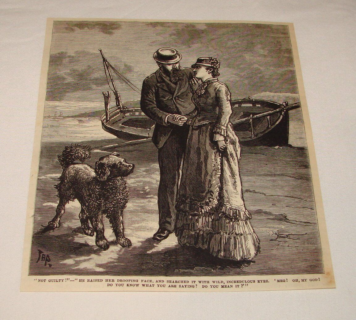 1880 magazine engraving ~ MAN, WOMAN, AND DOG ON BEACH