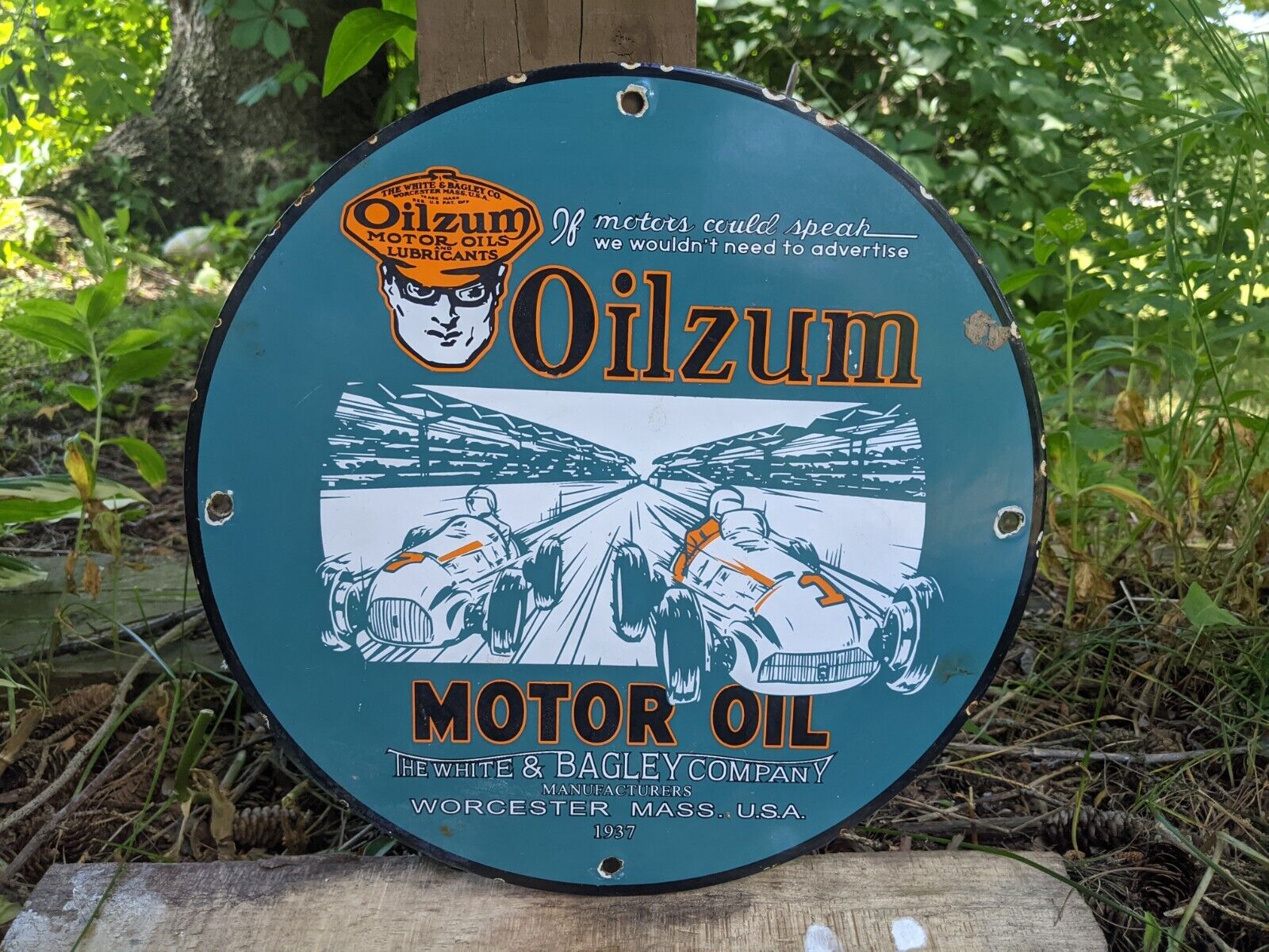 VINTAGE 1937 OILZUM MOTOR OIL PORCELAIN GAS STATION PUMP METAL SIGN 12\
