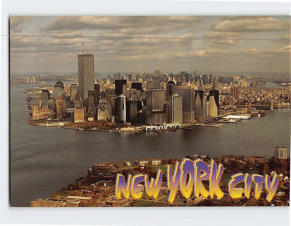 Postcard Aerial view of Financial District and Governors Island New York USA