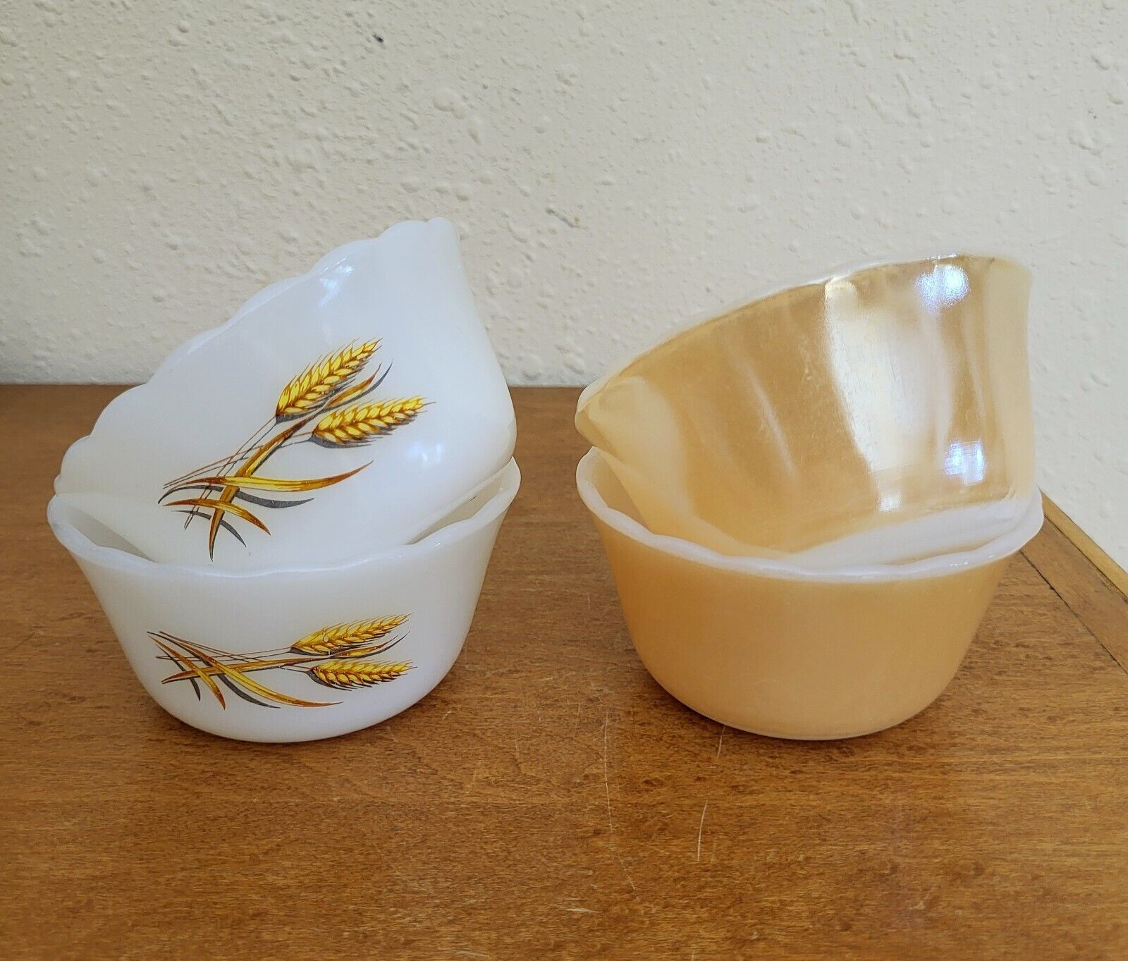 4 Vintage Fire-King Custard Cups Ramekin Milkglass Golden Wheat Peach Lusterware