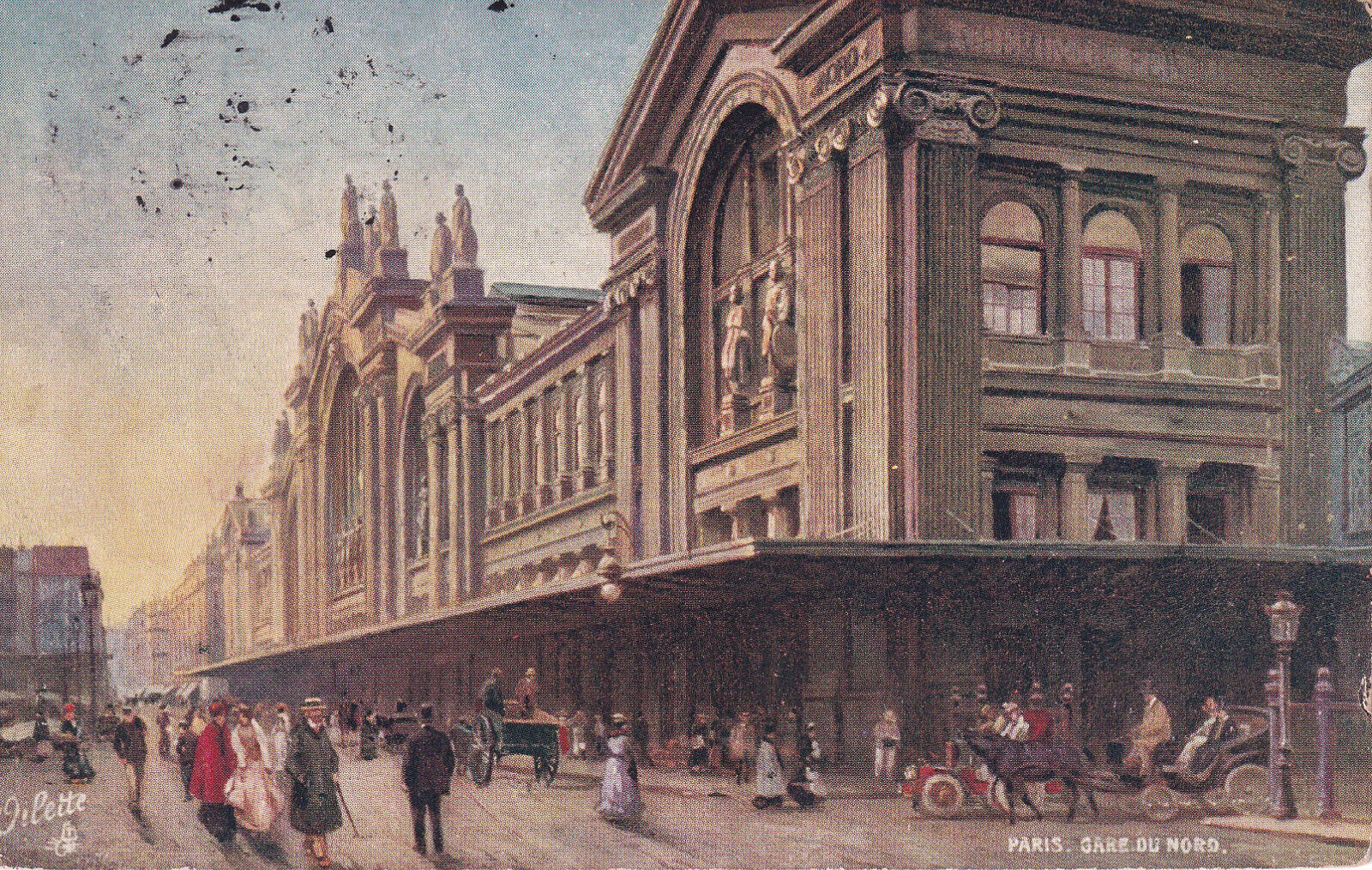 Vintage 1908 color posted France Paris Gare Du Nord city view with stamp to USA