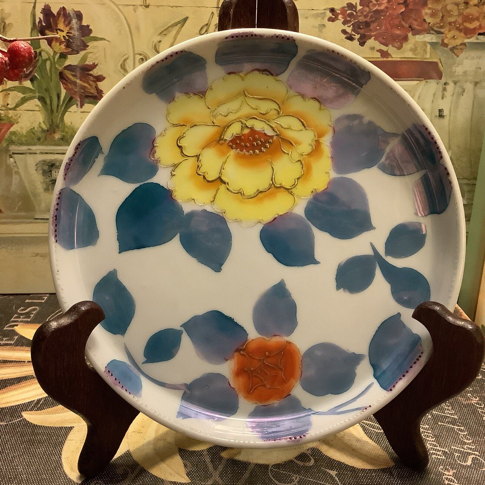Vintage 6.5” Hand Painted Tray~Multi Colored Florals/Blue Leaves~Japan~FREE SHIP