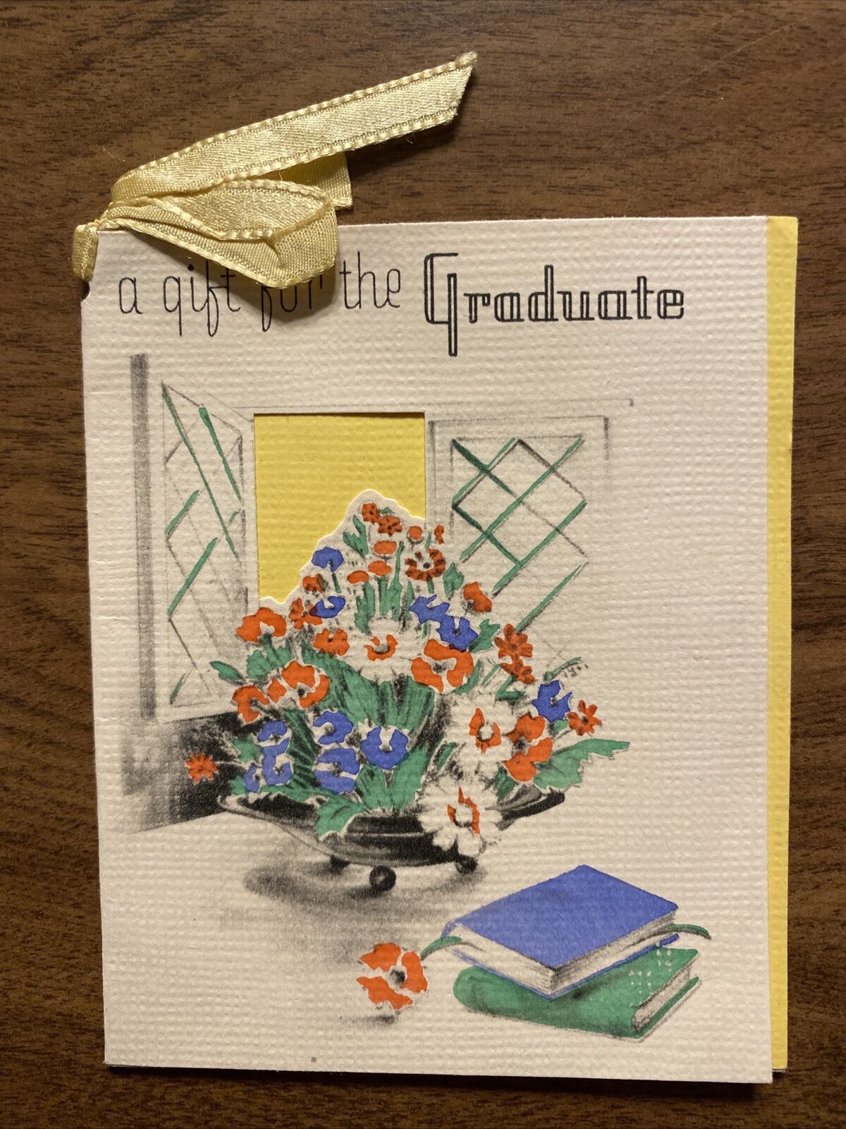 Vintage 1940s Graduation Congratulations Greeting Card Bow Quill Pen Books P4b