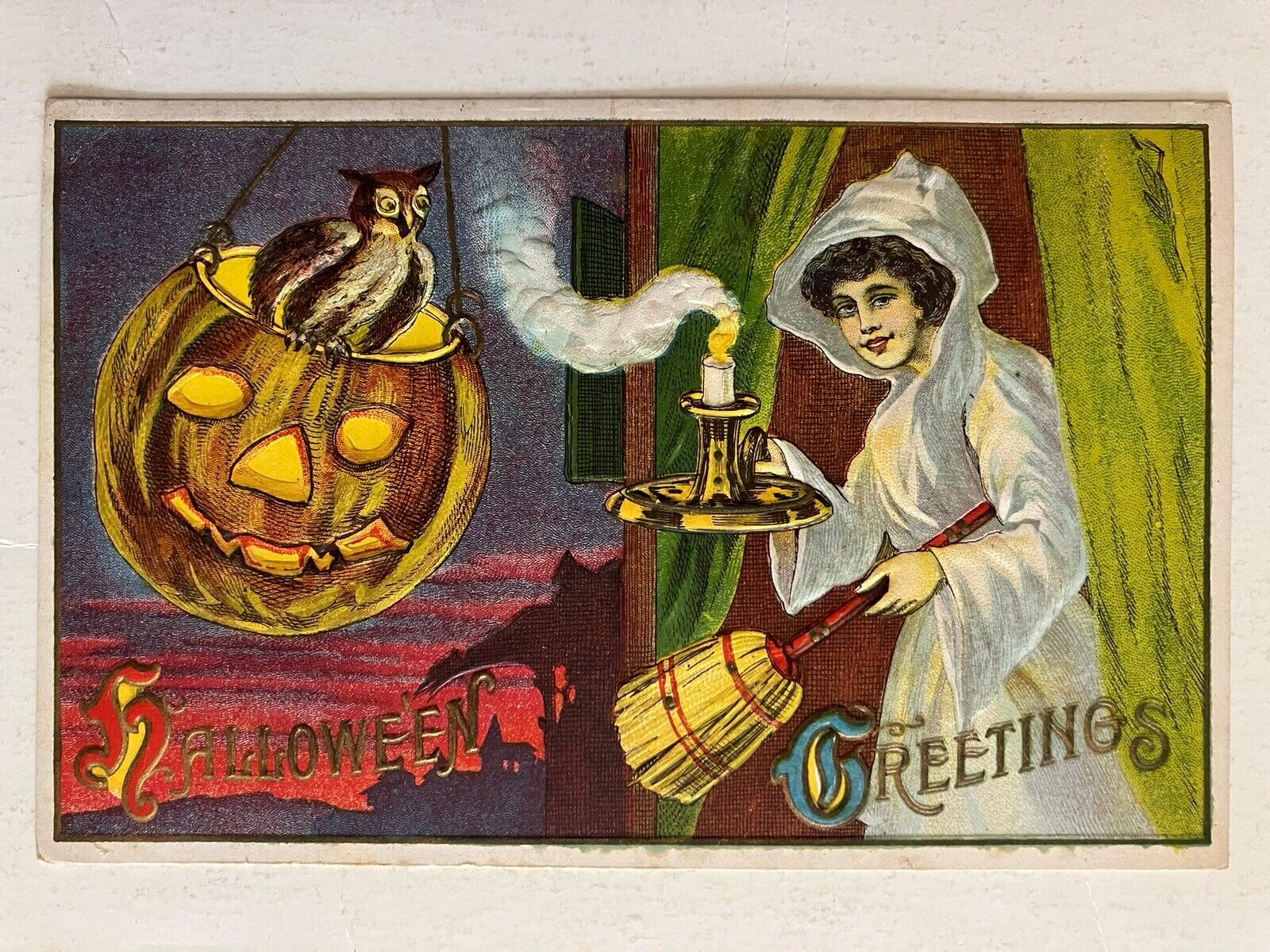 Halloween Postcard Holiday Greetings c1910 #116 Candle Owl Broom