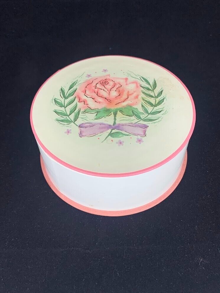 Vintage 1950s Avon Face Powder/Trinket Box with Rose, Leaves & Bow