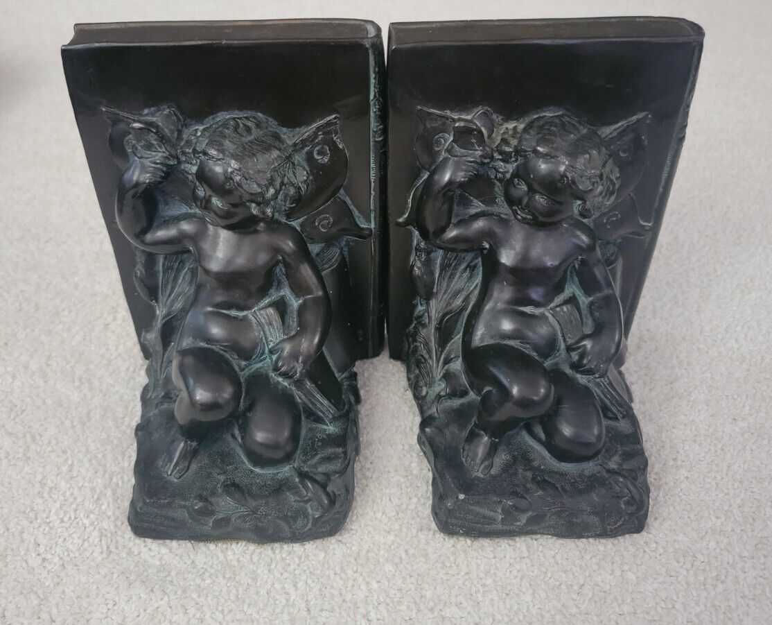 Antique Art Nouveau Deco Bronze Finished Metal Cherub and Butterfly Bookends