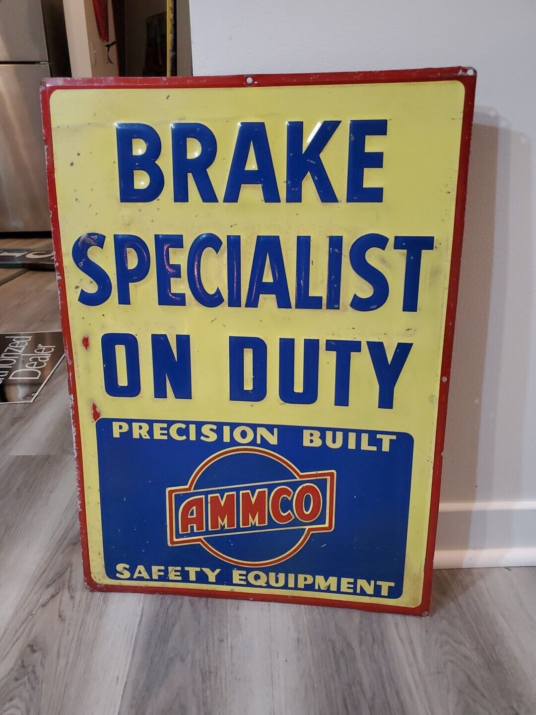 c.1950 Original Vintage Ammco Brakes Sign Metal Embossed Safety Gas Oil Car RARE