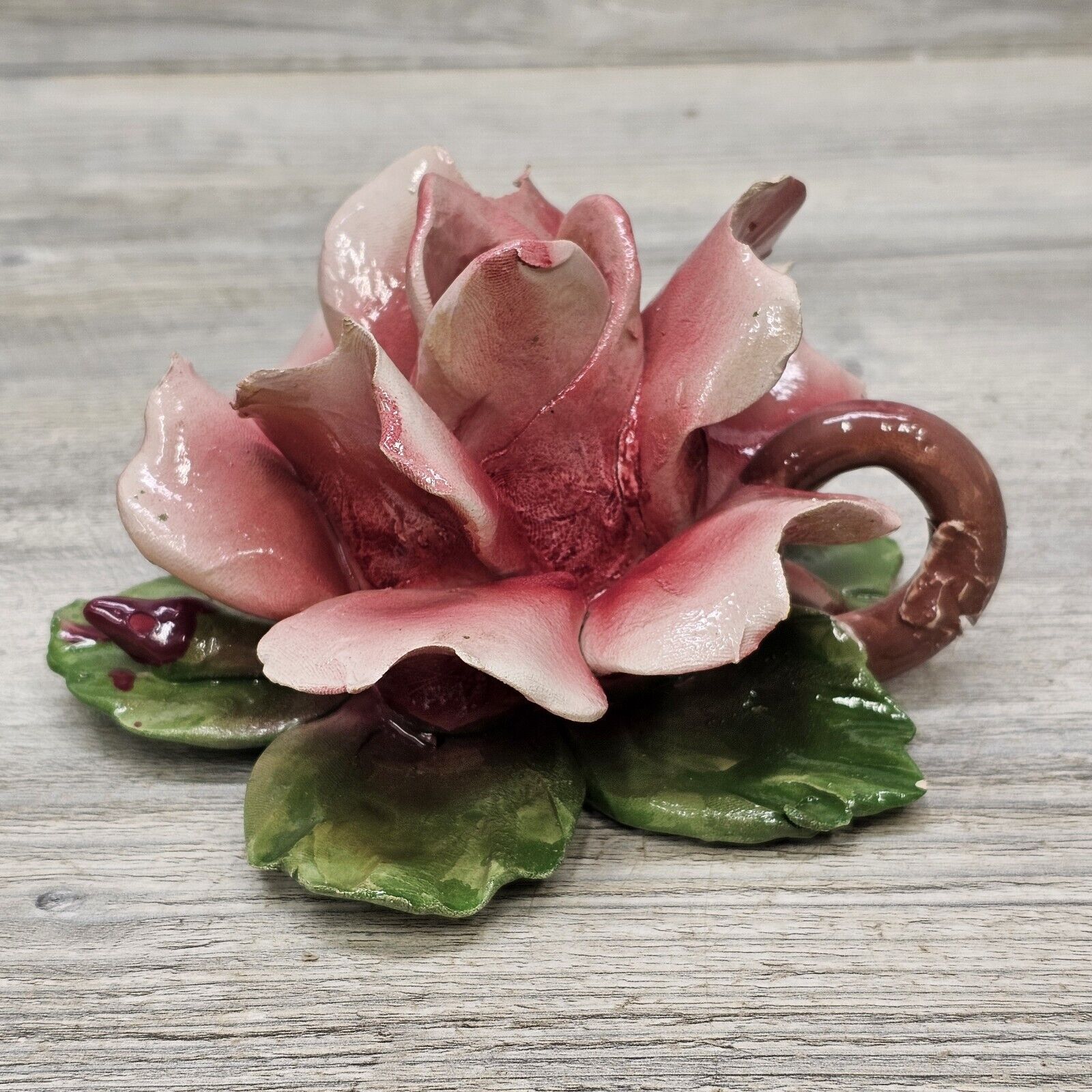 Capodimonte Porcelain Pink Rose Flower Tapered Candle Holder Vintage Italy 