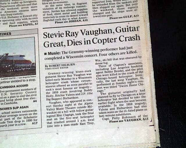 STEVIE RAY VAUGHAN Iconic Guitarist - Singer KILLED 1990 Los Angeles Newspaper