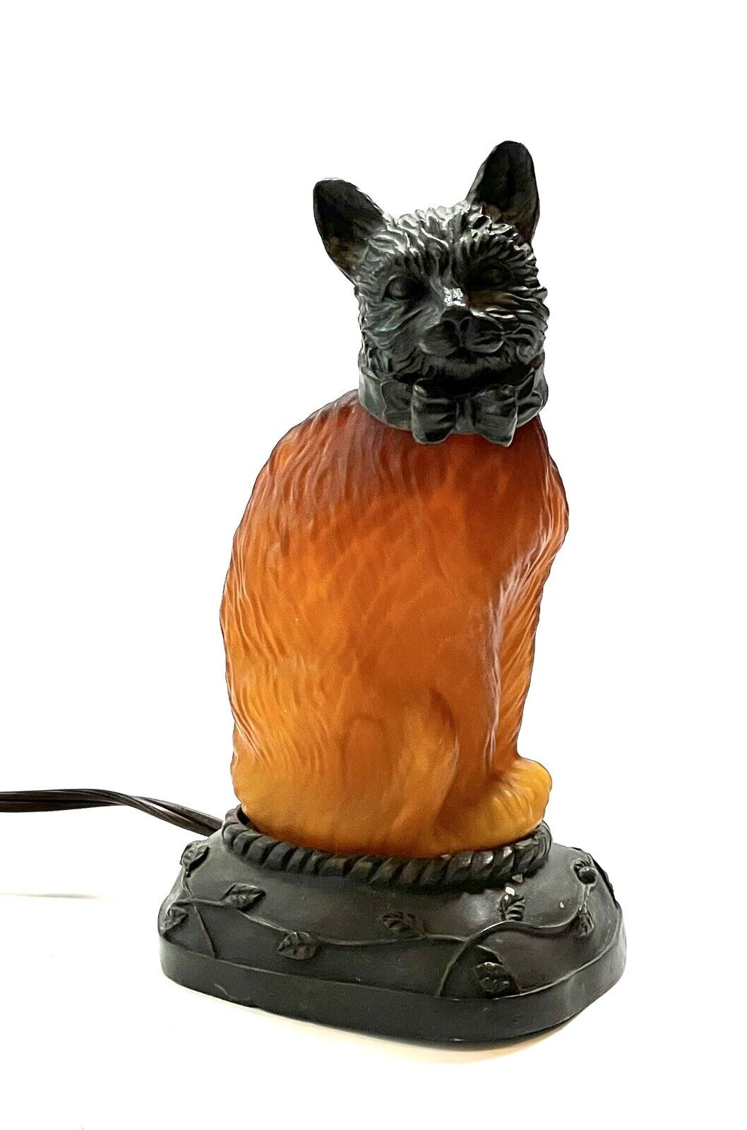 Vintage Tin Chi Cat Tiffany Style Table Accent Lamp Night Light Amber Glass