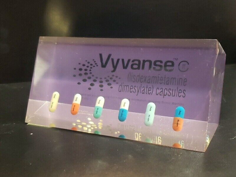 Rare Vyvanse CII Drug Rep Pharmaceutical Lucite Paperweight Encased Capsules