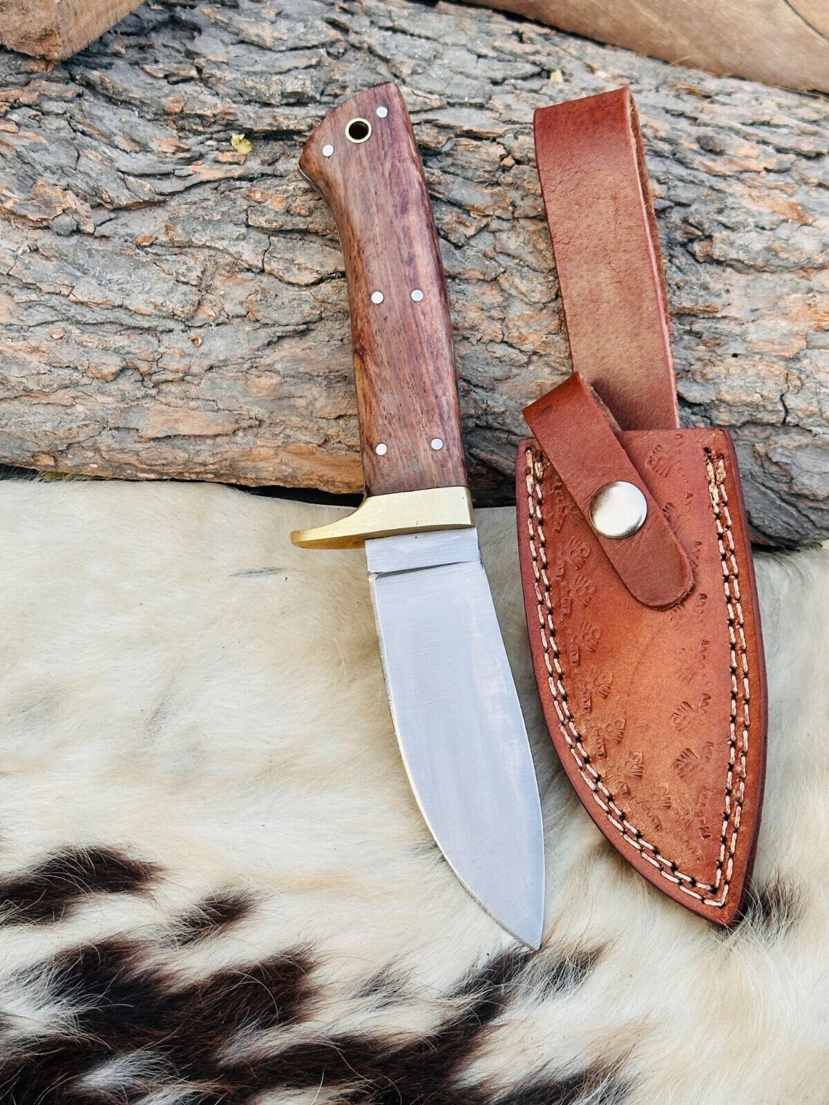 Handmade Stainless Steel Hunting Knife - Brass Guard Rose Wood Handle W/Sheath