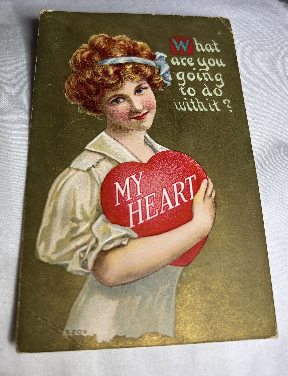 Antique 1910 Valentine ~ Lady With Heart ~ Embossed Postcard Used #5209