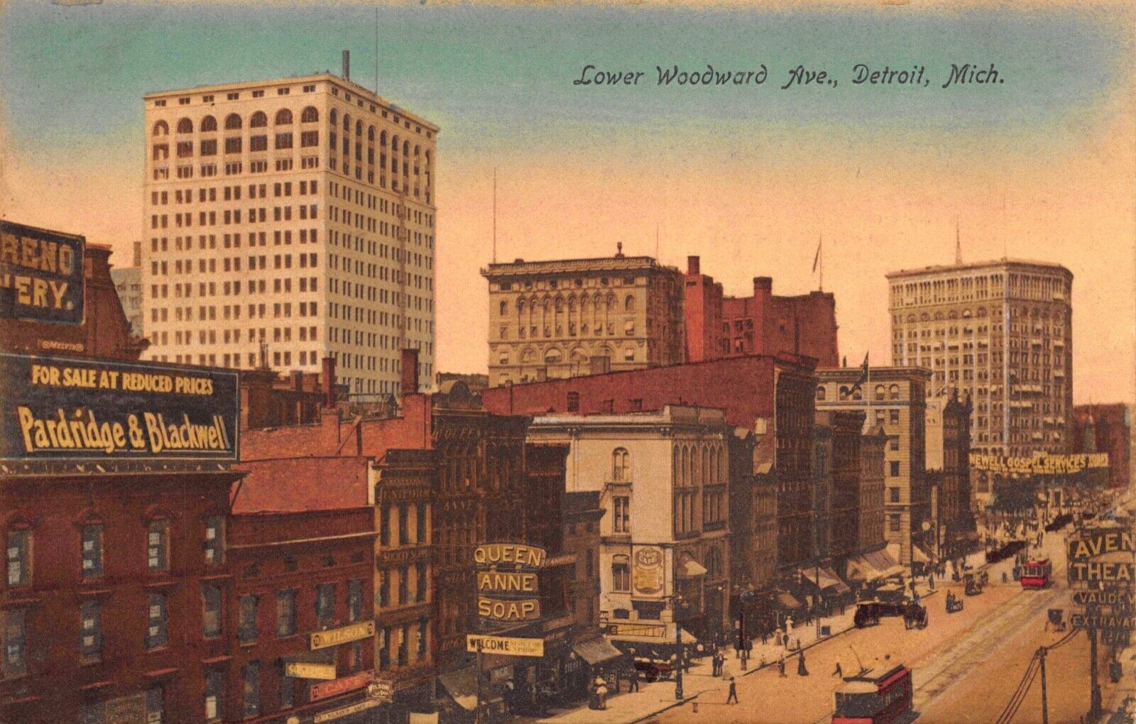 Hand Colored Postcard Lower Woodward Avenue in Detroit, Michigan~122752