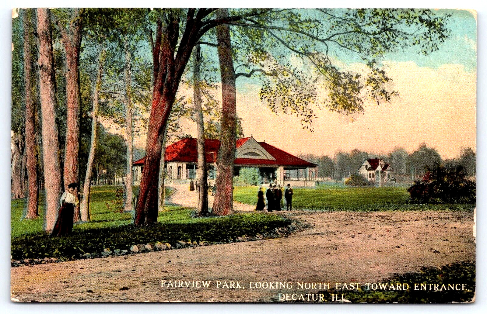 Original Old Vintage Outdoor Postcard Fairview Park People Decatur Illinois 1912