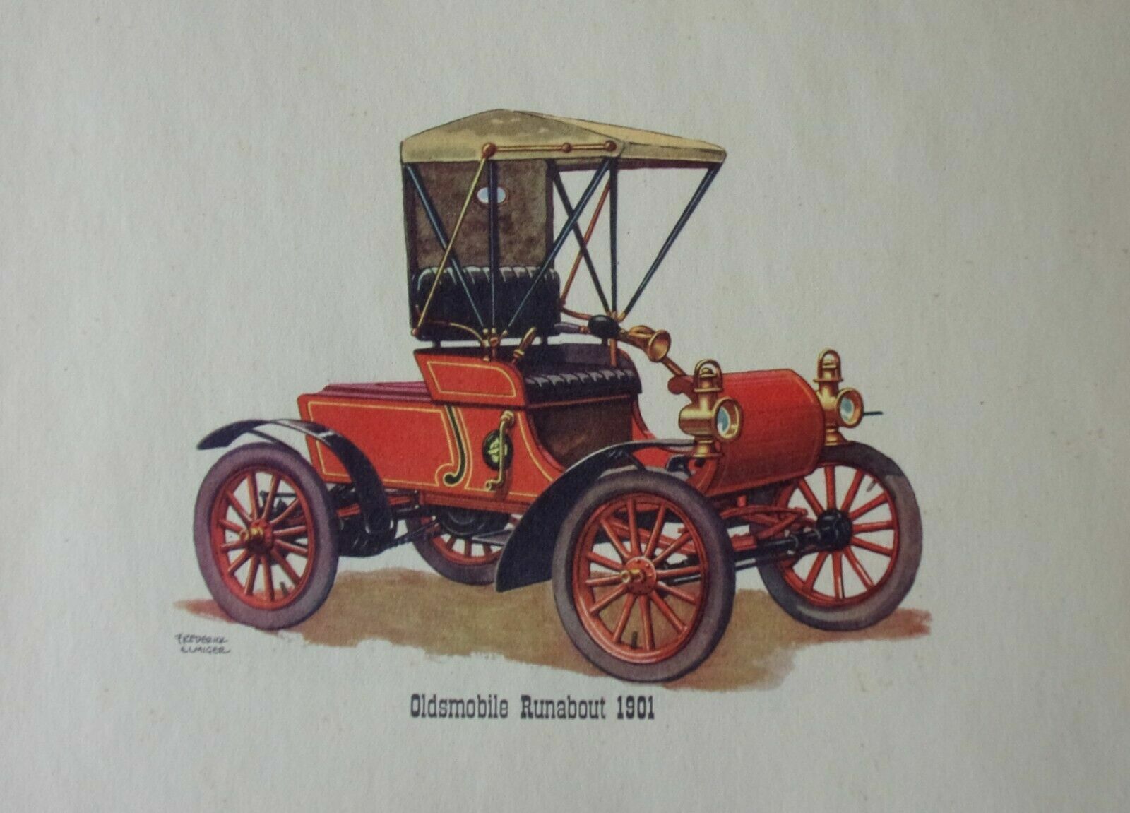 1901 Oldsmobile Runabout Print Donald Art Co. by Frederick Elmiger Vintage 1958