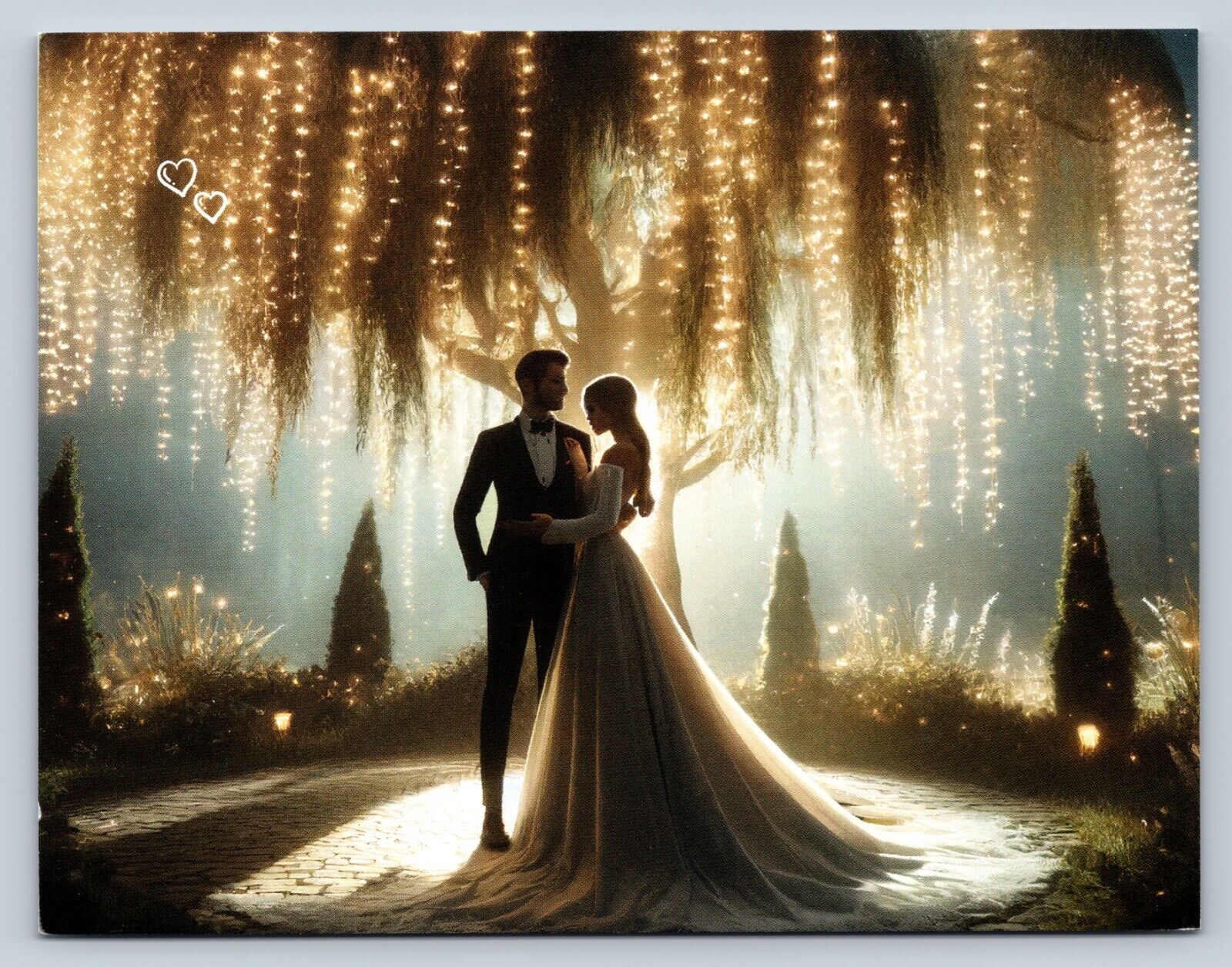 Wedding Couple In Love Postcard Wedding Scene Lighted Willow 5.5x4.25\