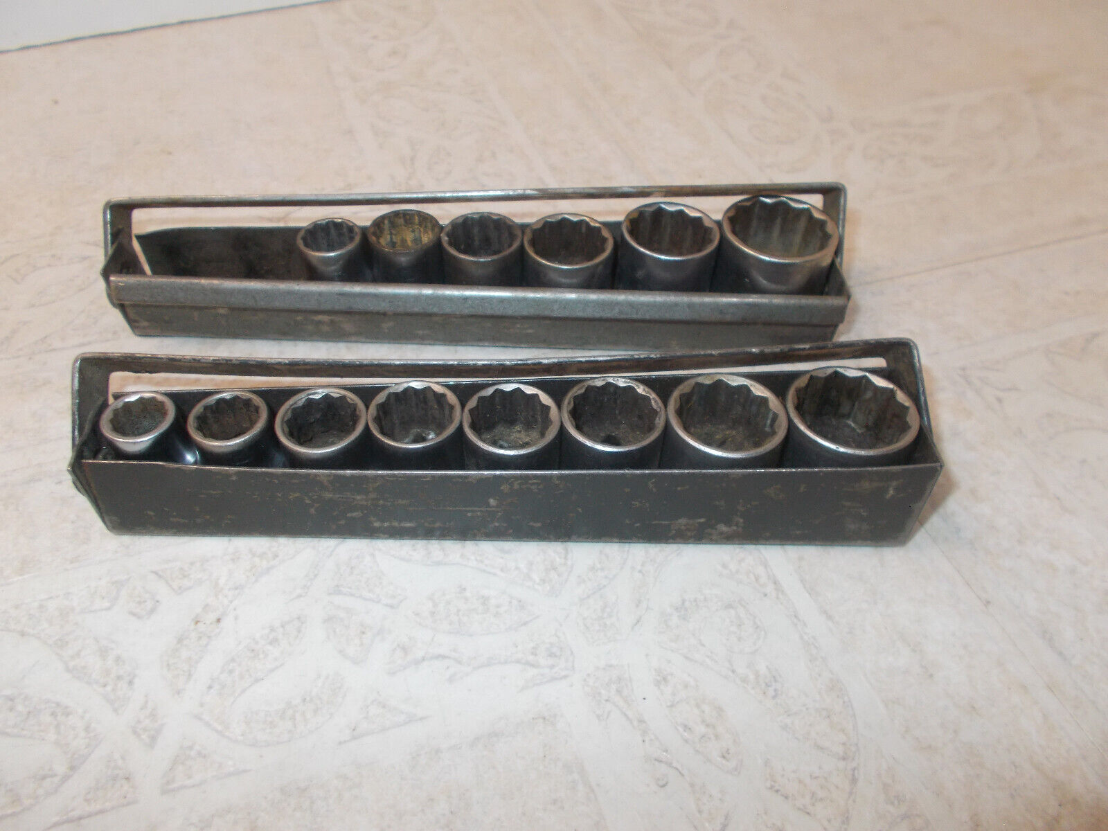 VTG. Craftsman  8Pc Metric & 6Pc SAE Socket Sets W/ Metal Trays  3/8 dr V Series