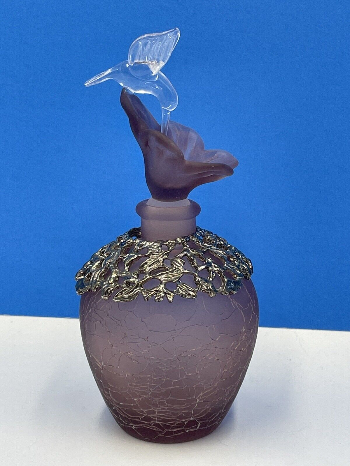Vintage Lavender/Pink Frosted Crackle Glass Hummingbird Perfume Bottle Decanter