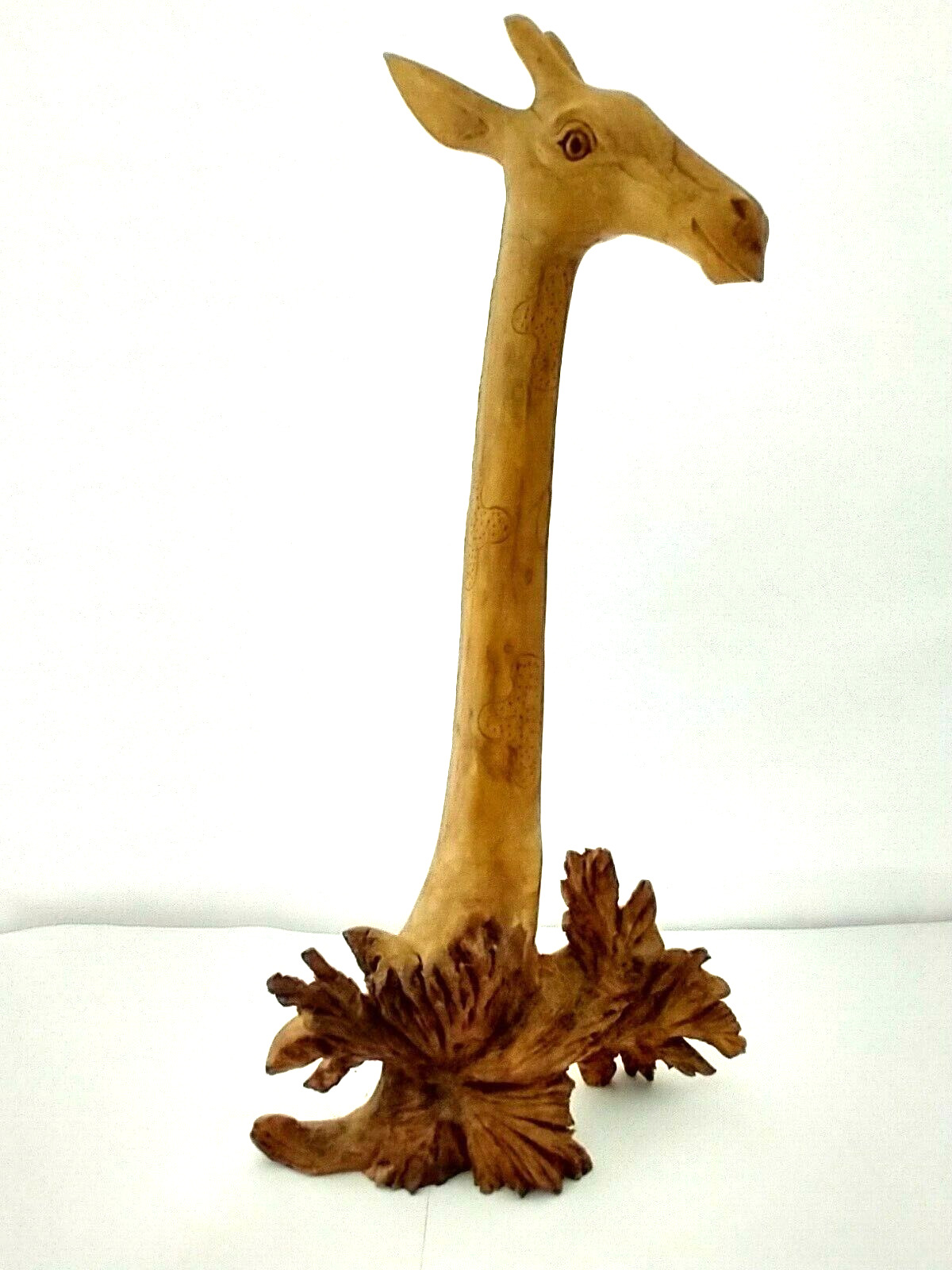 Carved Detailed Wood Giraffe with natural finish, stands 11 inches high