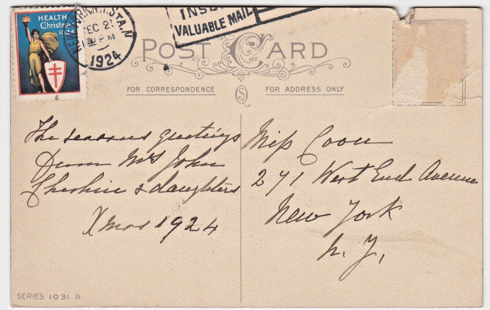 Tied On 1924 Christmas Seal~New York NY Postmark~Vintage Christmas Xmas Postcard