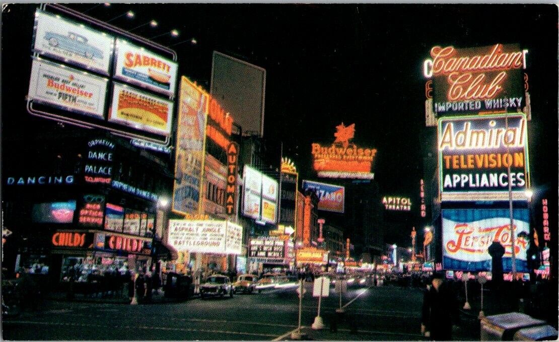 Street/ Night View Broadway, New York. Postcard Pepsi, Budweiser